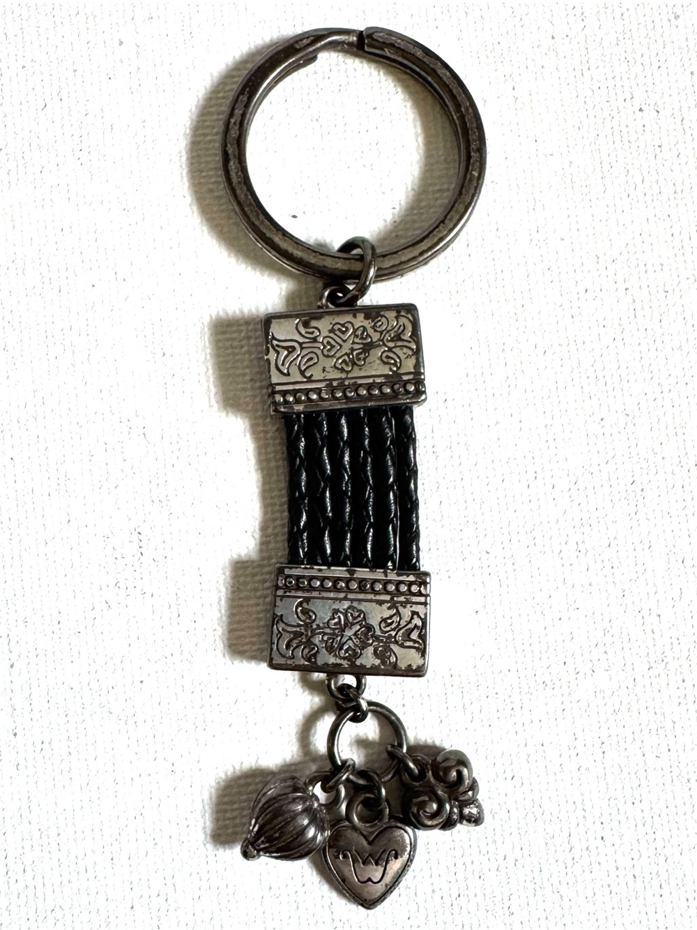 Brighton Black Braided Leather Keychain Silver Tone Heart Charms Key Ring Fob